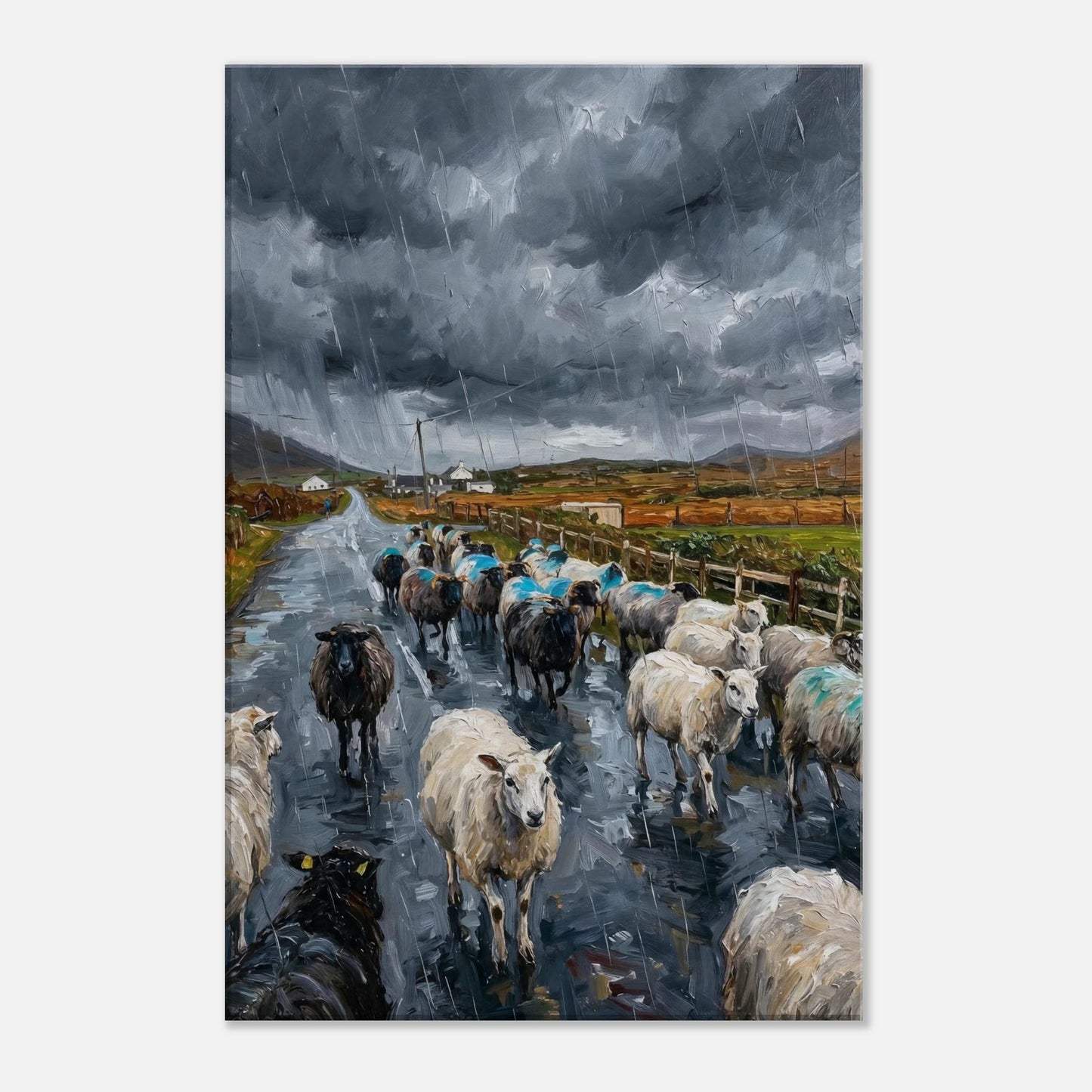 Beautiful countryside Sheep artwork celebrating peaceful rural landscapes moody skies and nature. Available as premium canvas, framed print and fine art print by Angela Clare.