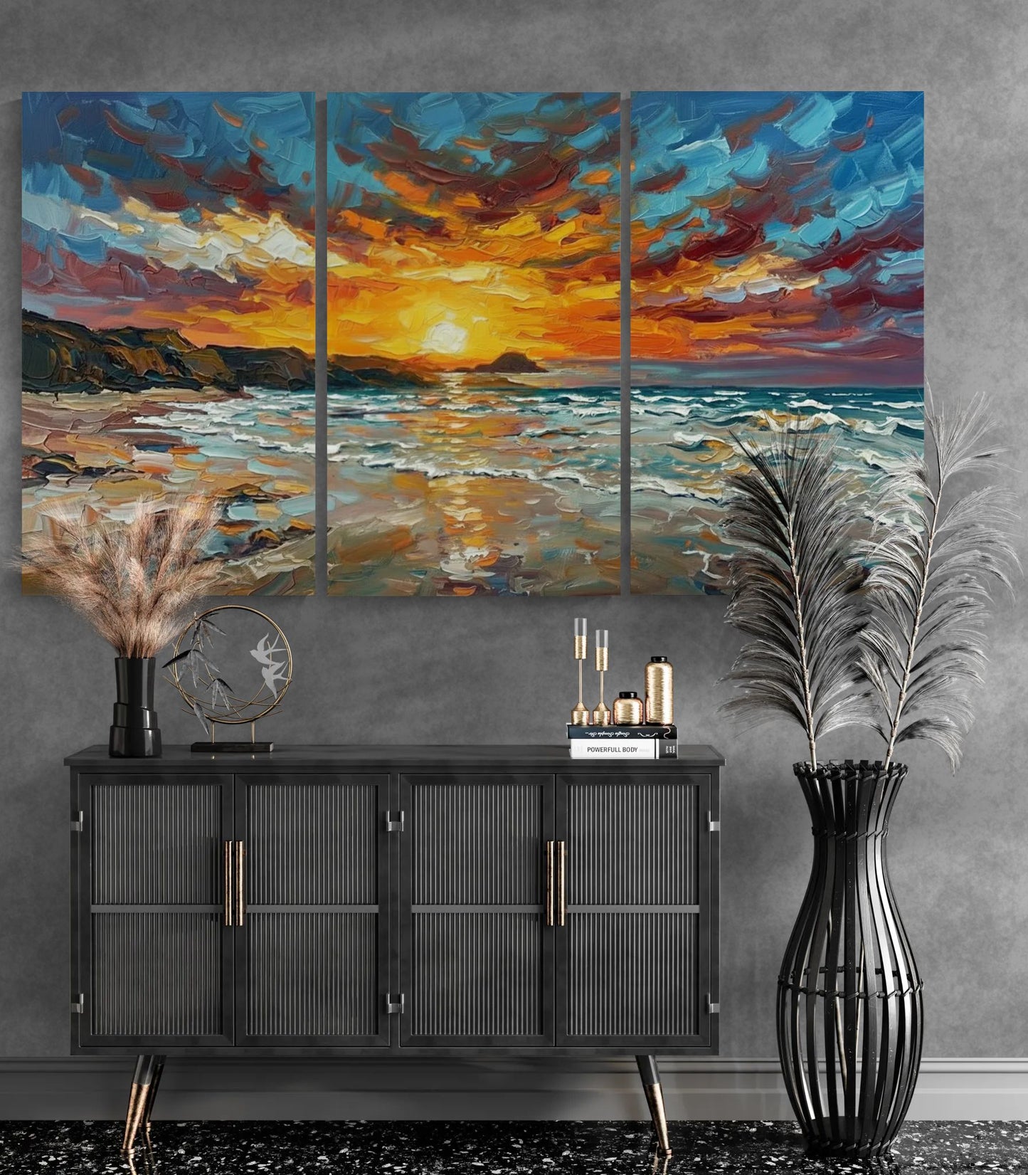 The Burning Horizon 3 Panel | Coastal Wall Art | Angela Clare