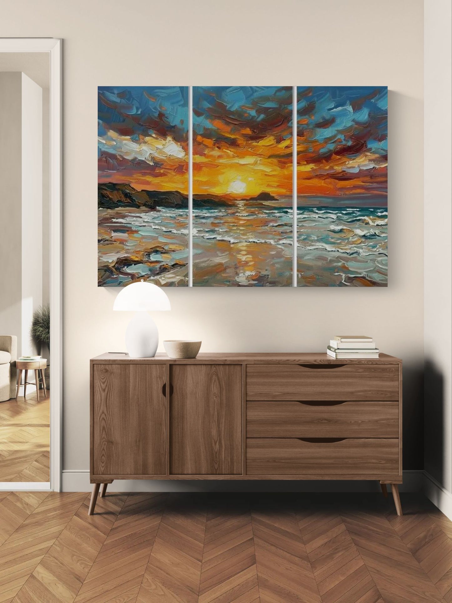 The Burning Horizon 3 Panel | Coastal Wall Art | Angela Clare
