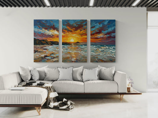 The Burning Horizon 3 Panel | Coastal Wall Art | Angela Clare